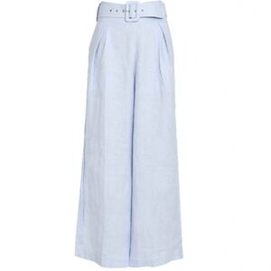 Faithfull the Brand Lena Light Blue Wide-Leg Belted Cropped Linen Pants, 6